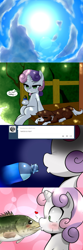 Size: 800x2400 | Tagged: safe, artist:starykrow, sweetie belle, winona, fish, accidental kiss, animal, ask, ask the cmc, bass guitar, comic, fish fetish, kissing, musical instrument, sky, summer, surprise kiss, surprised, sweetiebass, tumblr, vertigo, water bottle