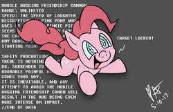 Size: 1224x792 | Tagged: safe, artist:brightsparkdev, pinkie pie, earth pony, pony, anatomically incorrect, friendship cannon, incoming hug, incorrect leg anatomy, pounce, smiling, solo