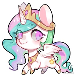 Size: 960x960 | Tagged: safe, artist:kura, princess celestia, alicorn, pony, chibi, crown, female, jewelry, looking at you, mare, regalia, solo