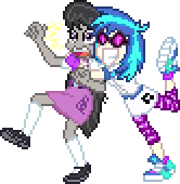 Size: 166x170 | Tagged: safe, artist:botchan-mlp, dj pon-3, octavia melody, vinyl scratch, equestria girls, bowtie, clothes, cute, desktop ponies, duo, duo female, female, hug, kneesocks, mary janes, pixel art, simple background, skirt, sneakers, socks, sprite, tavibetes, teenager, transparent background, vest, vinylbetes