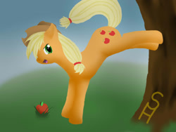 Size: 2000x1500 | Tagged: safe, artist:daskillerfussel, applejack, earth pony, pony, apple, bucking, food, needs more jpeg, solo, tree