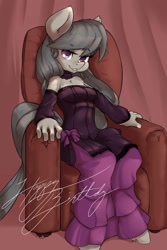 Size: 960x1440 | Tagged: safe, artist:blacksunarmada1993, octavia melody, anthro, armchair, birthday, chair, clothes, dress, happy birthday, lip bite, looking at you, sitting, solo