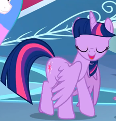 Size: 578x605 | Tagged: safe, screencap, princess celestia, twilight sparkle, twilight sparkle (alicorn), alicorn, pony, horse play, cutie mark, eyes closed, female, mare, offscreen character, wings