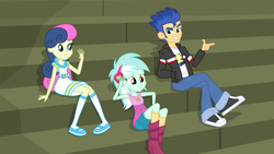 Size: 1280x720 | Tagged: safe, screencap, bon bon, flash sentry, lyra heartstrings, sweetie drops, equestria girls, friendship games, pointing