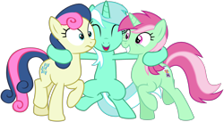 Size: 2720x1488 | Tagged: safe, artist:cheezedoodle96, bon bon, lyra heartstrings, minty bubblegum, sweetie drops, earth pony, pony, unicorn, on your marks, .svg available, background pony, bipedal, eyes closed, female, hug, inkscape, mare, simple background, sisters, smiling, svg, transparent background, trio, vector, wide eyes