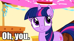 Size: 525x295 | Tagged: safe, derpibooru import, edit, edited screencap, screencap, twilight sparkle, pony, unicorn, image macro, meme, oh you, smiling, solo