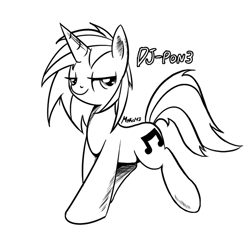 Size: 800x800 | Tagged: safe, artist:srmario, dj pon-3, vinyl scratch, pony, unicorn, lineart, monochrome, solo