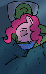 Size: 668x1067 | Tagged: safe, artist:neuro, pinkie pie, oc, oc:anon, earth pony, human, pony, bed, clothes, cute, eyes closed, female, human on pony snuggling, male, mare, pajamas, sleeping, snuggling