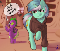 Size: 2000x1685 | Tagged: safe, artist:mrw32, lyra heartstrings, spike, dragon, pony, unicorn, fanfic:background pony, clothes, depth of field, dialogue, fanfic art, female, hoodie, male, mare, open mouth, speech bubble