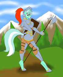 Size: 3252x3945 | Tagged: safe, artist:vladiverse, lyra heartstrings, anthro, unguligrade anthro, unicorn, armor, ass, cuirass, cuisse, fantasy class, female, fir tree, gauntlet, greaves, halberd, helmet, knight, mare, mountain, outdoors, pants, plate armor, polearm, poleaxe, shield, solo, tree, vambrace, warrior