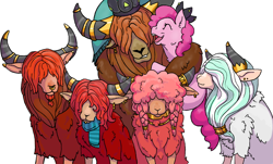 Size: 1148x695 | Tagged: safe, artist:anonymous-potayto, pinkie pie, prince rutherford, oc, oc:aurora borealis, oc:brod, oc:confetti cake, oc:frat, hybrid, pony, yak, clothes, female, happy, interspecies, interspecies offspring, male, mare, offspring, parent:pinkie pie, parent:prince rutherford, parents:pinkieford, pinkieford, scarf, shipping, simple background, straight, white background, yakony