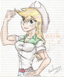 Size: 1024x1244 | Tagged: safe, artist:x-force02ranger, applejack, equestria girls, applejacked, breasts, female, flexing, lined paper, muscles, solo, traditional art, watermark