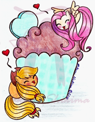 Size: 930x1200 | Tagged: safe, artist:shikimaakemi, applejack, fluttershy, earth pony, pegasus, pony, appleshy, blushing, chubbie, cupcake, eyes closed, female, food, heart, lesbian, mare, my little squishy, obtrusive watermark, shipping, watermark