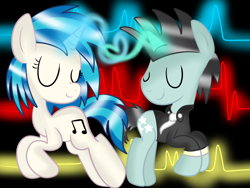 Size: 1024x768 | Tagged: safe, artist:digital-pony-artist, dj pon-3, neon lights, rising star, vinyl scratch, pony, unicorn, backwards cutie mark, clothes, female, male, mare, neon, shipping, stallion, straight, vinylights