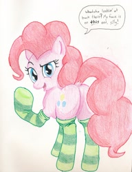 Size: 2402x3126 | Tagged: safe, artist:friendshipishorses, pinkie pie, pony, clothes, dock, high res, plot, socks, solo, striped socks, traditional art