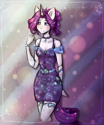 Size: 2000x2400 | Tagged: safe, artist:zefirka, rarity, anthro, unicorn, abstract background, clothes, dress, jewelry, necklace, solo, traditional art