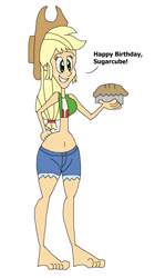 Size: 1229x2189 | Tagged: safe, artist:haleyc4629, artist:hunterxcolleen, applejack, equestria girls, barefoot, belly button, clothes, dialogue, feet, food, pie, simple background, sports bra, white background