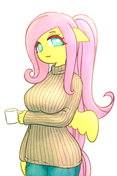 Size: 1196x1791 | Tagged: safe, artist:sigpi, fluttershy, anthro, pegasus, alternate hairstyle, big breasts, breasts, clothes, cup, cute, female, hootershy, mare, ribbed sweater, shyabetes, simple background, smiling, solo, sweater, sweatershy