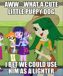 Size: 500x605 | Tagged: safe, derpibooru import, screencap, scribble dee, spike, sweet leaf, twilight sparkle, velvet sky, dog, equestria girls, background human, eco kid insults, image macro, meme, spike the dog