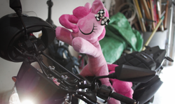 Size: 4582x2726 | Tagged: safe, artist:qxangelxp, pinkie pie, pony, absurd resolution, eyes closed, high res, irl, motorcycle, photo, plushie, solo