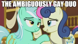 Size: 888x500 | Tagged: safe, screencap, bon bon, lyra heartstrings, sweetie drops, earth pony, pony, unicorn, slice of life (episode), ambiguously gay duo, best friends, discovery family logo, duo, image macro, implied lesbian, lyrabon, meme, saturday night live, shipping