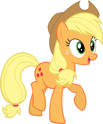 Size: 815x979 | Tagged: safe, artist:qsteel, applejack, earth pony, pony, raised hoof, simple background, smiling, solo, transparent background, trotting, vector