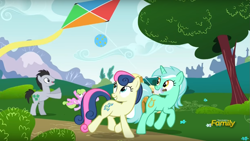 Size: 1371x775 | Tagged: safe, screencap, bon bon, daisy, flower wishes, lucky clover, lyra heartstrings, sweetie drops, no second prances, discovery family logo, kite, kite flying