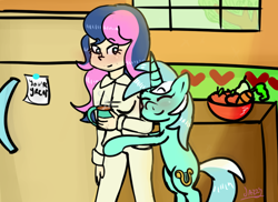 Size: 610x443 | Tagged: safe, artist:apple-jazzy, bon bon, lyra heartstrings, sweetie drops, human, adorabon, cute, female, hug, human coloration, humanized, humanized bonbon & pony lyra action, lesbian, lyrabetes, lyrabon, mug, shipping