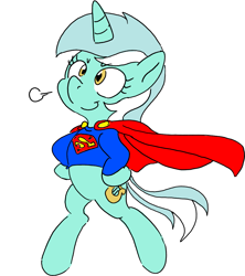 Size: 1035x1167 | Tagged: artist needed, safe, lyra heartstrings, pony, bipedal, cape, clothes, costume, hand on hip, simple background, smiling, solo, superman, white background