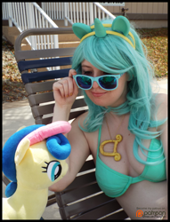 Size: 1530x2000 | Tagged: safe, artist:krazykari, bon bon, lyra heartstrings, sweetie drops, human, bikini, clothes, cosplay, costume, eyes on the prize, irl, irl human, photo, plushie, swimsuit