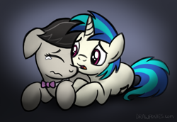 Size: 1404x964 | Tagged: safe, artist:drawponies, dj pon-3, octavia melody, vinyl scratch, earth pony, pony, comforting, crying