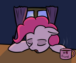 Size: 792x655 | Tagged: safe, artist:neuro, pinkie pie, earth pony, pony, coffee, coffee cup, cup, female, floppy ears, mare, morning ponies, open mouth, sleeping, sleeping while sitting, solo