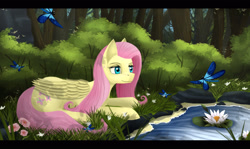 Size: 3920x2339 | Tagged: safe, artist:dezdark, fluttershy, butterfly, pegasus, pony, forest, pond, solo