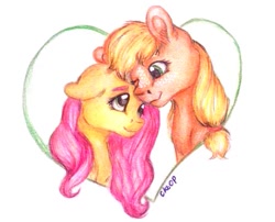 Size: 447x362 | Tagged: safe, artist:skior, applejack, fluttershy, earth pony, pegasus, pony, appleshy, bust, eye contact, female, floppy ears, heart, lesbian, looking at each other, mare, shipping, smiling, traditional art