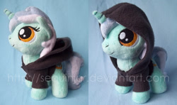 Size: 1000x591 | Tagged: safe, artist:sequinjar, lyra heartstrings, fanfic:background pony, chibi, clothes, cute, hoodie, irl, looking up, lyrabetes, photo, plushie, smiling, solo