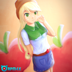 Size: 1024x1024 | Tagged: safe, artist:rezkapratam4x, applejack, equestria girls, apple, food, solo