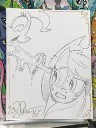 Size: 1536x2048 | Tagged: safe, artist:andypriceart, applejack, gummy, pinkie pie, earth pony, pony, alien (franchise), alien 3, alien take, monochrome, parody, traditional art, wat, xenomorph