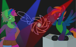 Size: 3592x2245 | Tagged: safe, artist:chatooka, dj pon-3, vinyl scratch, oc, oc:chatooka, anthro, winter wrap up, cleavage, clothes, colored lights, cover, cover art, female, hannahk, lights, melody match, miss match, miss melody match, music, short hair, shorts, singing, socks, stockings, turntable