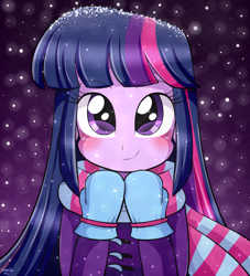 Size: 960x1056 | Tagged: safe, artist:riouku, derpibooru import, twilight sparkle, twilight sparkle (alicorn), alicorn, equestria girls, blushing, clothes, cute, jacket, looking at you, mittens, scarf, smiling, snow, snowfall, solo, twiabetes, winter