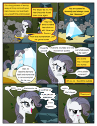 Size: 612x792 | Tagged: safe, artist:newbiespud, edit, edited screencap, screencap, discord, rarity, pony, unicorn, comic:friendship is dragons, the return of harmony, .., comic, dialogue, diamond, dust, eyes closed, female, frown, greedity, hedge maze, implied discord, laughing, looking up, mare, open mouth, rarisnap, screencap comic, sigh, sitting, smiling