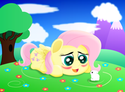 Size: 1350x1000 | Tagged: safe, artist:spellboundcanvas, angel bunny, fluttershy, pegasus, pony, blushing, cute, female, flower, mountain, shyabetes, tree, wings, younger