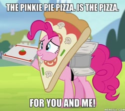 Size: 600x535 | Tagged: safe, edit, edited screencap, screencap, pinkie pie, earth pony, pony, rock solid friendship, cropped, female, food, mare, pizza, pizza box, pizza delivery, pizza head, pizza pie, reference, solo, spongebob squarepants