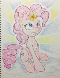 Size: 1024x1328 | Tagged: safe, artist:grokostimpy, pinkie pie, earth pony, pony, female, flower, flower in hair, grin, mare, notebook, sitting, smiling, solo, traditional art