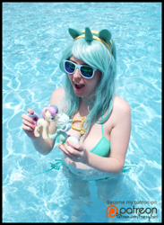 Size: 1464x2000 | Tagged: safe, artist:krazykari, bon bon, lyra heartstrings, sweetie drops, human, bikini, clothes, cosplay, costume, funko, irl, irl human, now kiss, photo, swimming pool, swimsuit, toy, water