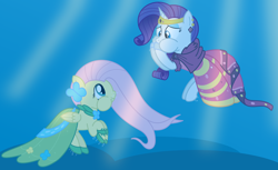 Size: 3100x1900 | Tagged: safe, artist:bladedragoon7575, fluttershy, rarity, pegasus, pony, unicorn, clothes, dress, female, gala dress, holding breath, mare, puffy cheeks, simple background, underwater