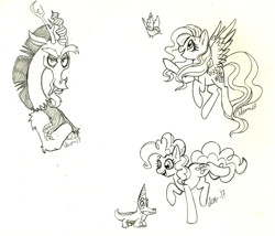 Size: 1899x1625 | Tagged: safe, artist:iduchan, discord, fluttershy, gummy, pinkie pie, bird, earth pony, pegasus, pony, hat, party hat, traditional art