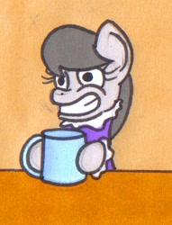 Size: 376x492 | Tagged: safe, artist:bobthedalek, edit, octavia melody, earth pony, pony, bobthedalek, clothes, coffee, cropped, dress, faic, female, filly, gown, grin, hyperactive, hypertavia, mug, solo, why, xk-class end-of-the-world scenario, younger