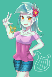 Size: 600x884 | Tagged: safe, artist:tzc, lyra heartstrings, equestria girls, blouse, clothes, cutie mark necklace, female, flower, flower in hair, headband, jewelry, lyre, necklace, shorts, solo