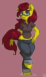 Size: 692x1153 | Tagged: safe, artist:atryl, oc, oc only, anthro, earth pony, unguligrade anthro, anthro oc, clothes, earring, female, glasses, hand on hip, midriff, pants, solo