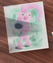 Size: 950x1130 | Tagged: safe, artist:skyresonance, pinkie pie, pony, bipedal, photo, rocket launcher, solo, traditional art